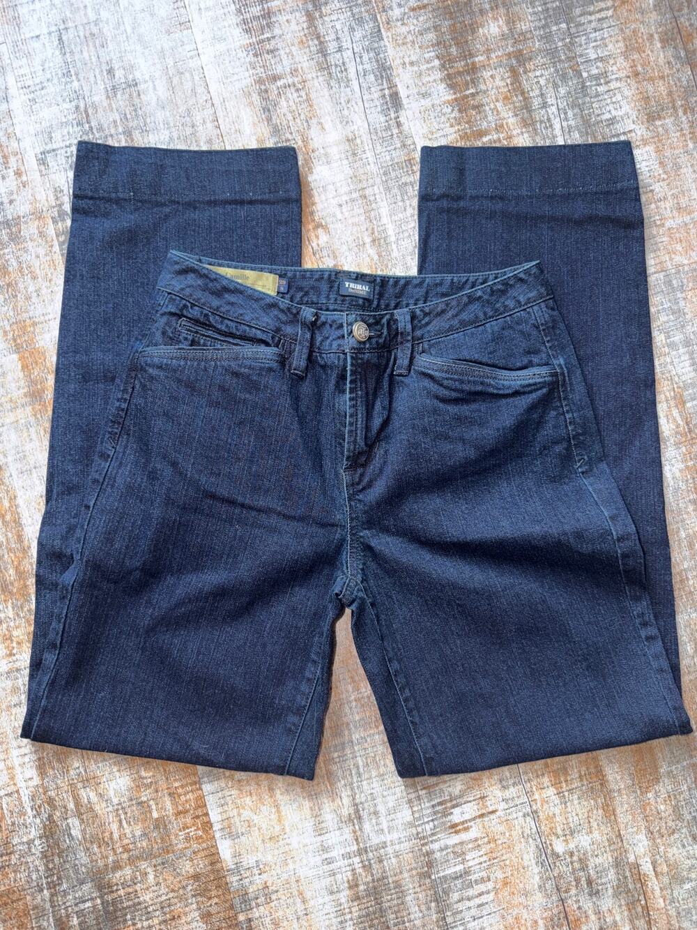 Tribal Jeans Camille Dark Wash Mid Rise Straight Leg Cuffed Size 8 Curvy Fit